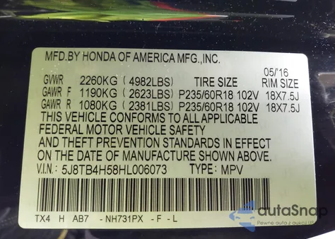 2017 Acura Rdx Technology Acurawatch Plus Packages/W/Technology Package z USA, uszkodzony, nr VIN 5J8TB4H58HL006073